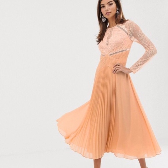 ASOS long sleeve lace panelled pleat midi dress - Picture 1 of 4